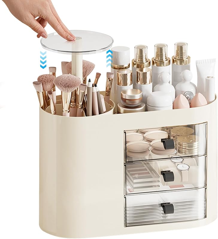 Organizador de maquiagem DASITON com 3 gavetas e porta-pincéis com abertura por pressão, Cream
