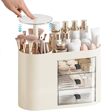 DASITON Makeup Organizer with 3 Drawers,Automatic Lifting Makeup Brush Holder with Lid,Large Capacity Makeup Organizers for Vanity,Bathroom Countertop,Ideal Storage Skin Care,Brushes,Lipstick Cream