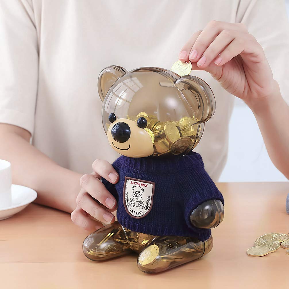 DreamsEden Cute Bear Piggy Bank, Large Plastic Money Coin Box Saving Pot with Knit Clothes Decoration