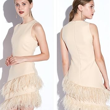 FQTANJU 2 Yards Soft & Natural Ostrich Feathers Fringe Trims Ribbon Used for Dress, Sewing, Craft Clothing, Lighting Decoration, Clothing DIY, etc. (Beige)
