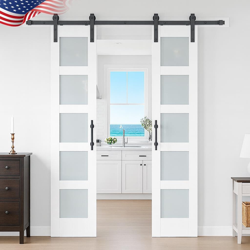 S&Z TOPHAND 21in x 84in Double Glass Sliding MDF Barn Door with 8FT Sliding Door Hardware Kit, 5 Tempered Frosted Glass, Slab Inside Covered with Water-Proof PVC Surface, Simple DIY Assembly