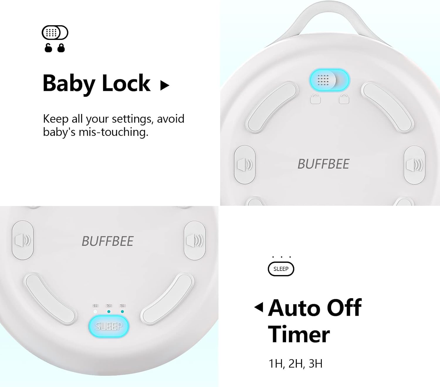 Buffbee Portable Sound Machine with charging cable and accessories