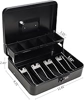 Vista 8 de Decaller Caja grande en voladizo con cerradura de combinación, caja de dinero de metal con 5 compartimentos para monedas y 4 clips para billetes