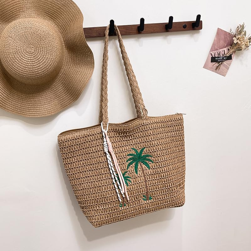 Women Seaside Straw Shoulder Bag Large Capacity Stylish Knitting Tote Bag Wear Resist Embroidery Pattern Handbag Shopping Wor2