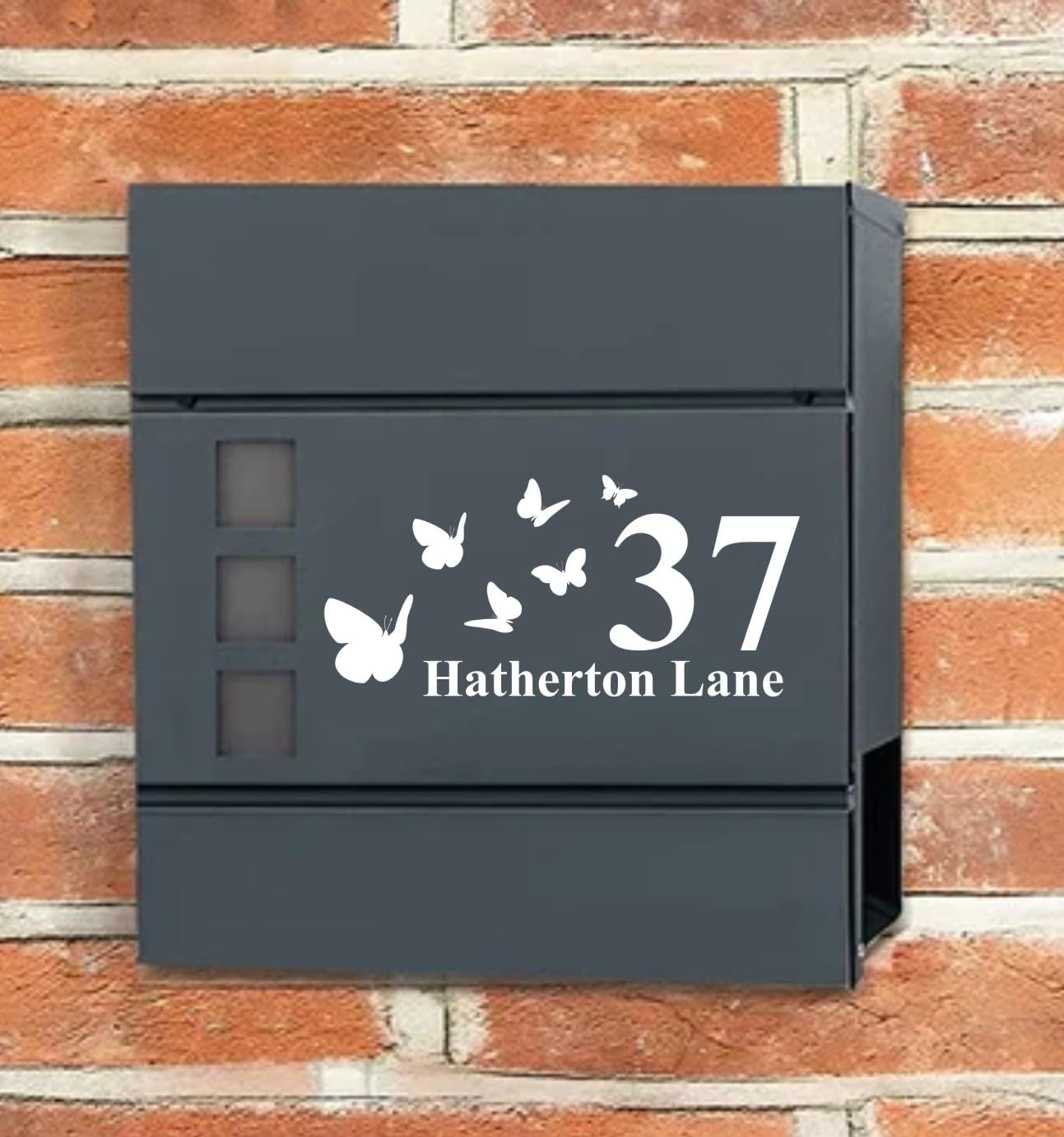 House Number/Road With Butterflies Post Box Letterbox Wall Art Sticker, Decal, Graphic lt10 (Silver)
