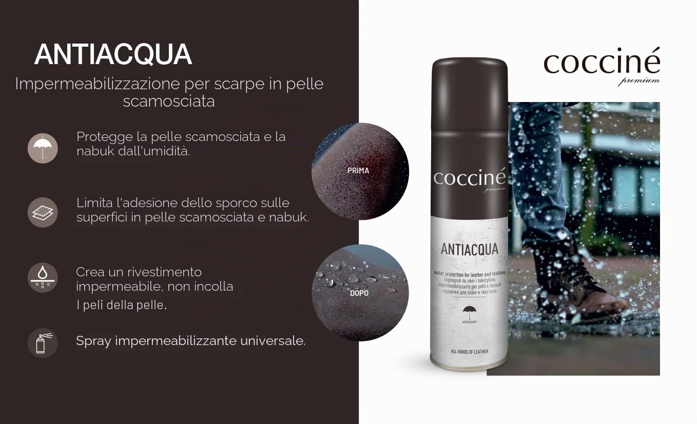 Cocciné - Kit Per Pelle Scamosciata e Nabuk, Spray Impermeabilizzante + Pulitore per Nabuk + Cubo per Pulire, Protettore per Scarpe in Pelle, Schiuma Detergente