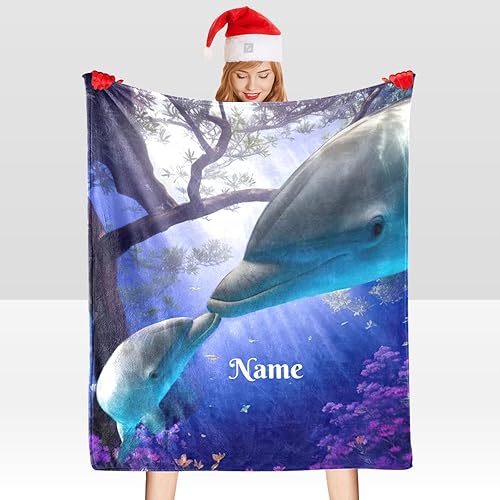 Miniatura 5 de Manta personalizada con nombre, texto, diseño de delfín, manta de forro polar suave para regalos (50 x 60 pulgadas)