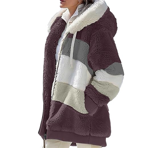 SHAOBGE Oversized Fuzzy Fleece Jackets For Women Fashion 2024 Color Block Faux Fur Cardigan Coat Shaggy Warm Winter Outerwear