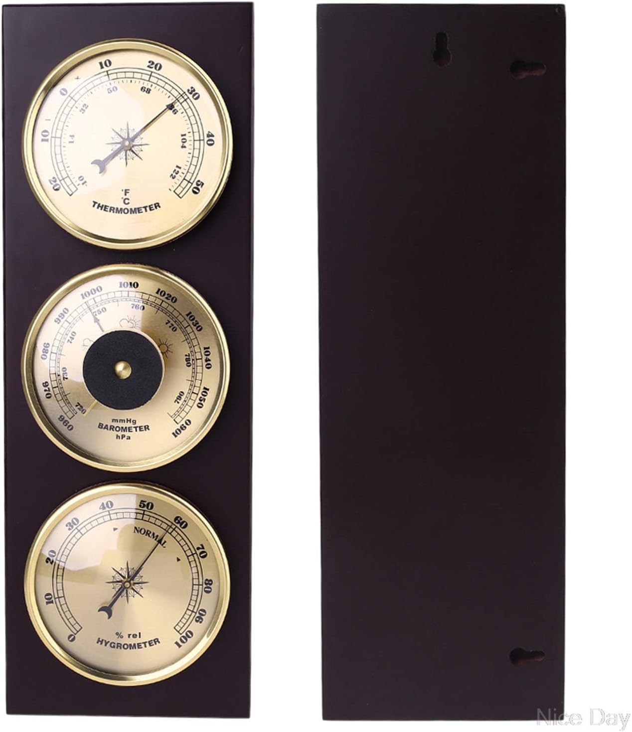 Barometer, Weather Station with Wooden Frame, Hanging 3 in 1 Barometer, Barometer, Hygrometer, Thermometer, 31cm x 11cm, No Batteries Required, Barometer Weather Instruments