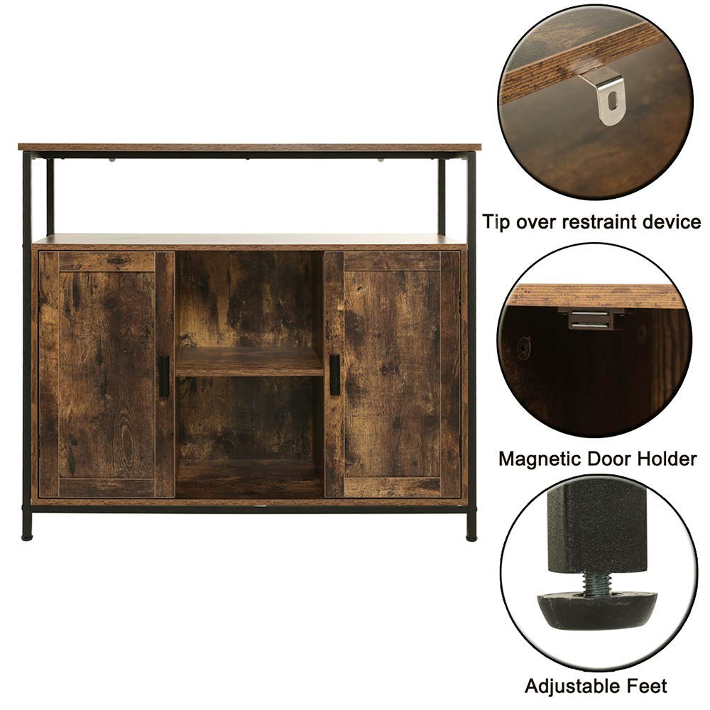 USIKEY Industrial Floor Storage Cabinet with 2 Doors, Kitchen Free Standing Cabinet with Adjustable Shelves, Feets, Storage Sideboard, Accent Cabinet, for Living Room Entry Bedroom, Rustic Brown