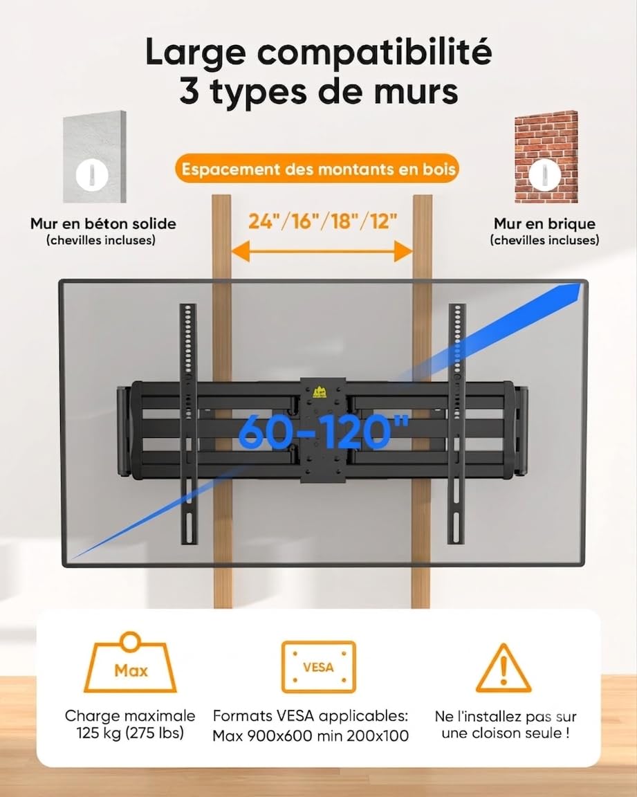 FORGING MOUNT Support Mural TV Mouvement Complet pour Téléviseurs de 60-100 Pouces Jusqu'à 125KG, Fixation TV Murale avec 2 Bras Articulés de 1090mm, Inclinable et Orientable Max. VESA 900x600mm