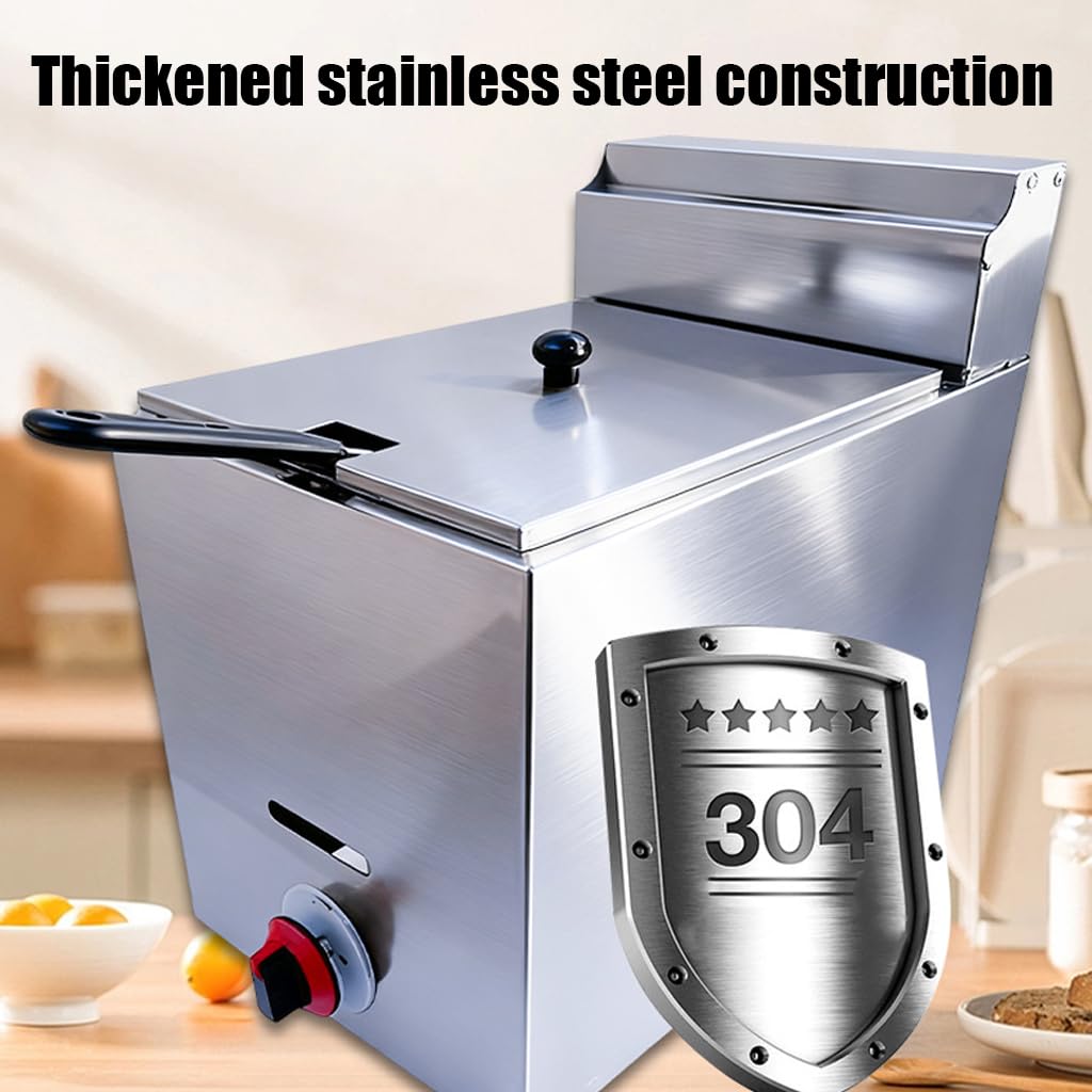 Freidora Industrial De 5,5 L, Freidora De Metano De Acero Inoxidable, Freidora De Un Solo Tanque, 1 Cesta De Freír, Desmontable, Llama Abierta De 3 Anillos