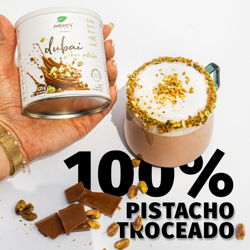 Nature's Finest Dubai Latte Mix con Pistacho, Cacao, Inulina y Clorella, 125 g - Bebida Vegana sin Azúcar Añadido - Apoyo Digestivo y Detox Natural - Bajo en Calorías, Apto para Dietas Keto y Low Carb