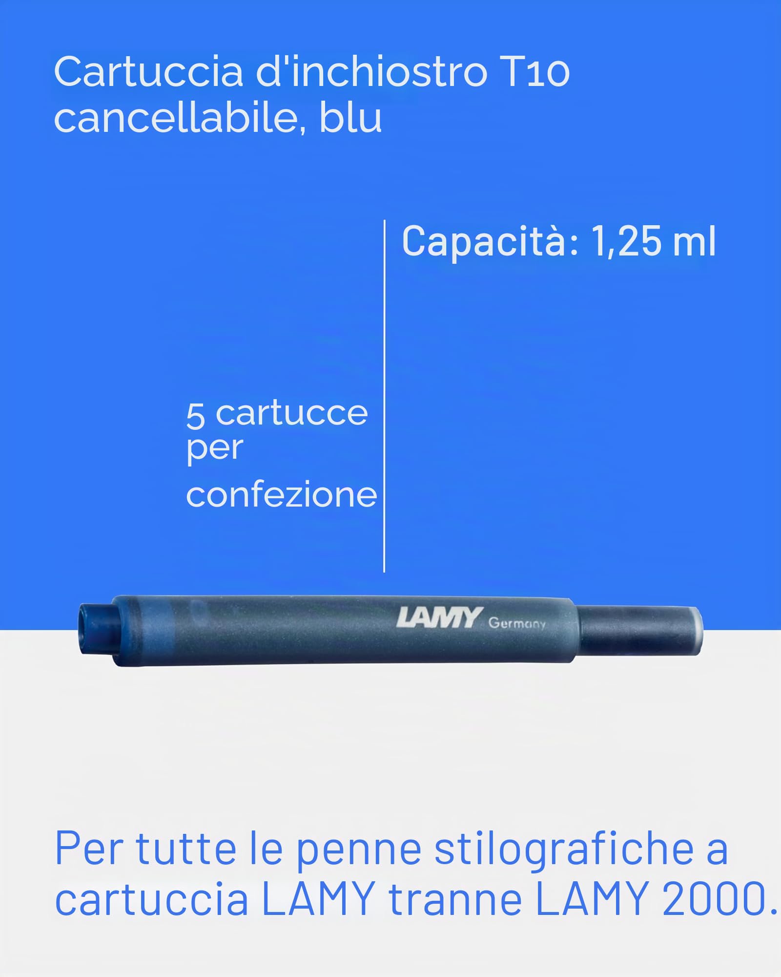 LAMY T10 Set di 5 cartucce d'inchiostro con grande riserva di inchiostro, adatte per tutti i modelli di penne stilografiche Lamy, contenuto 1,25 ml per cartuccia, 5 pezzi per confezione