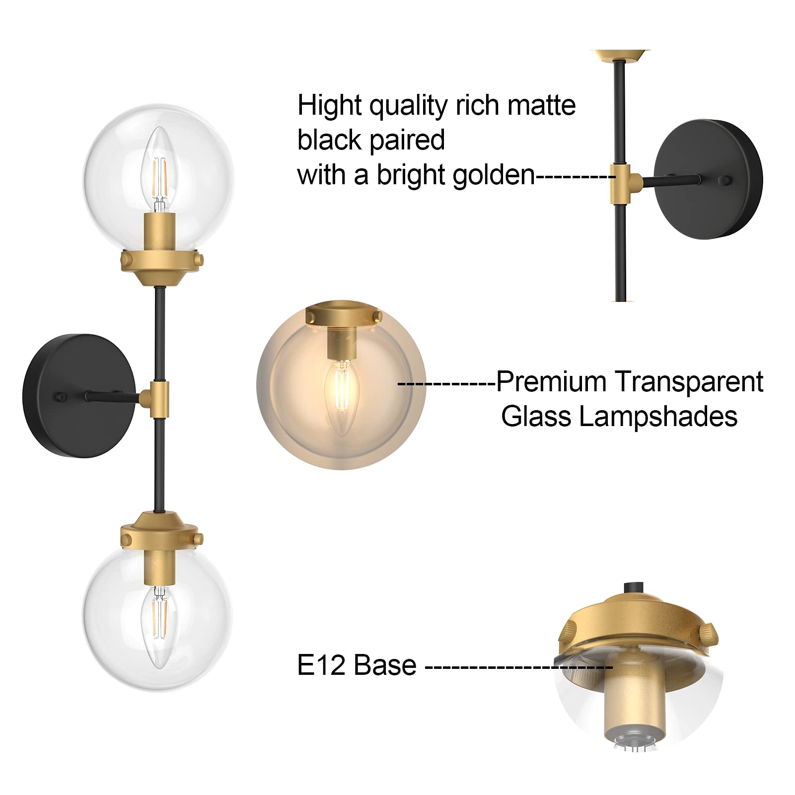 Ralbay Rustic Wall Sconces 2 Light Industrial Metal Black Wall Light Fixture Vintage Style Clear Glass Ball Wall Lamp for Bathroom Kitchen Living Room Vanity Hallway (Exclude Bulb)
