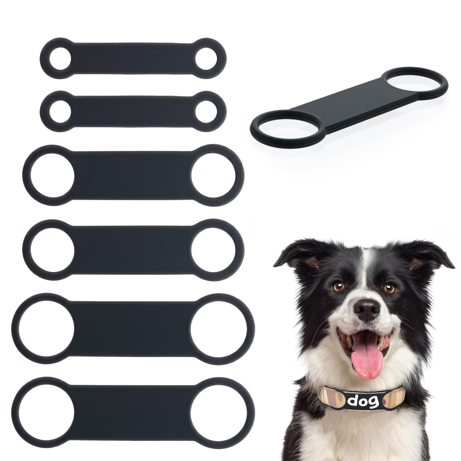6 PCS Personalized Dog and Cat Tag, Rubber Band Replacement Silicone Elastic Holder for Pet Collar Slide on Name ID Silent Noiseless Attachement for Puppy Kitten Small Dogs Cats (Black, 3 Sizes)