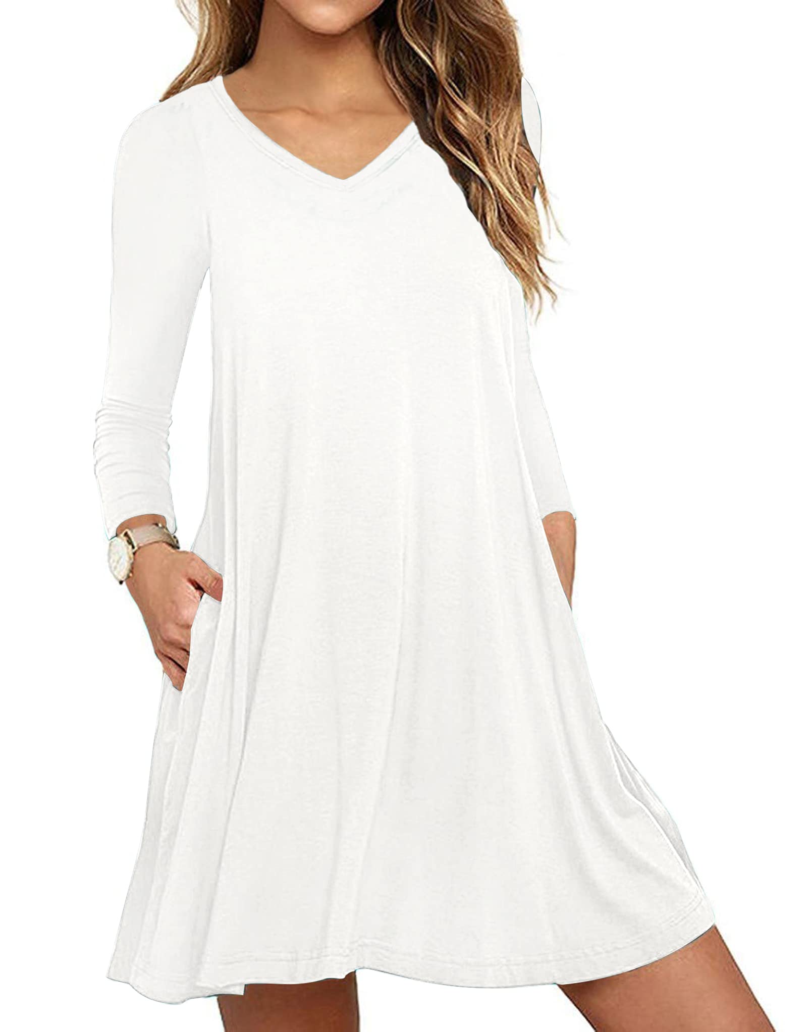 MISFAY Womens Casual V-Neck Swing Floral Dresses Long Sleeve T Shirt Pockets Dress