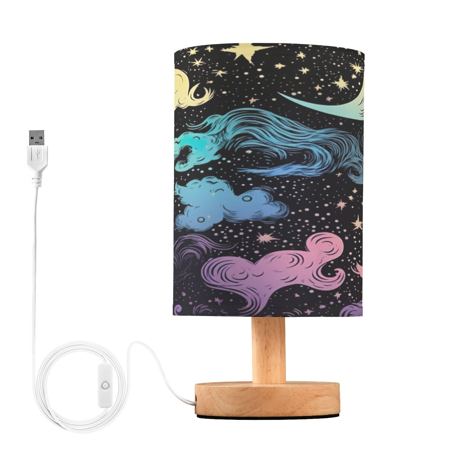 SDMKA Colorful Sky Moon Bedside Table Lamp for Bedroom, Minimalist Nightstand Lamp with Round Fabric Shade for Living Room, Office, No Bulb Required