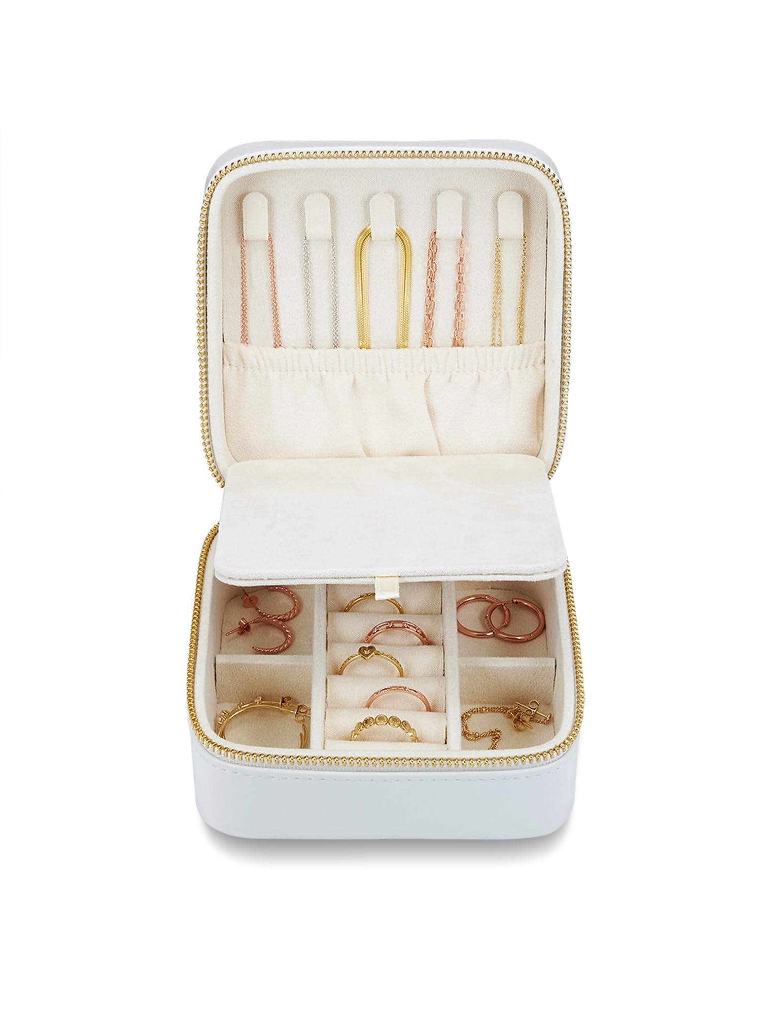 GLANZSTÜCKE MÜNCHEN Schmuck-Reisetäschchen Kunstleder weiß 11,5 x 11,5 x 5,8 cm Samt creme Schmucketui Schmuckschatulle für die Reise mit Spiegel