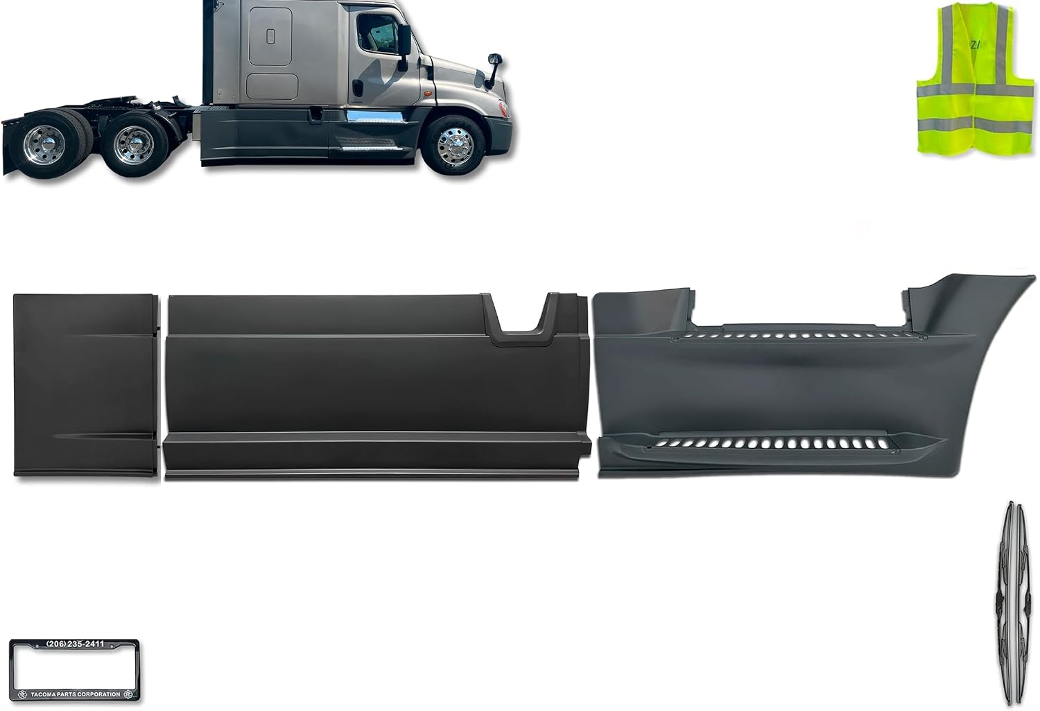 KOZAK Front, Middle w/One Opening & Rear Fairing Panel Set for Right Passenger Side, Compatible with Freightliner Cascadia 2008-2017 125, Includes Logo, Windshield Wipers, License Plate Frame, Vest
