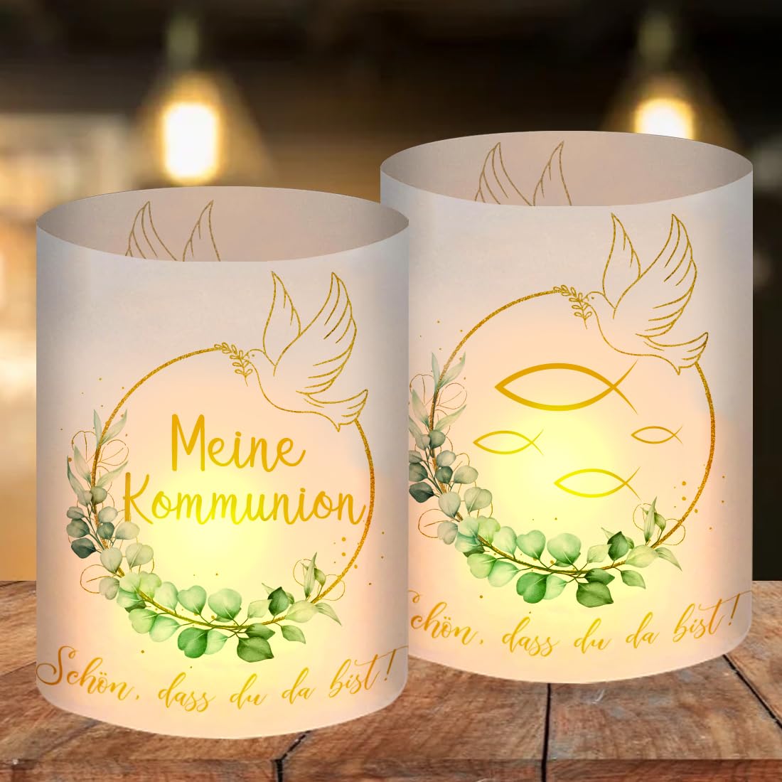 12 Stück Windlicht Tischdeko - Meine Kommunion Deko Eukalyptus Grün, Erstkommunion Deko für Junge Mädchen Taufdeko, Kommunion Gastgeschenke, Schön DASS Du Da Bist, für Teelichter oder Kerzen