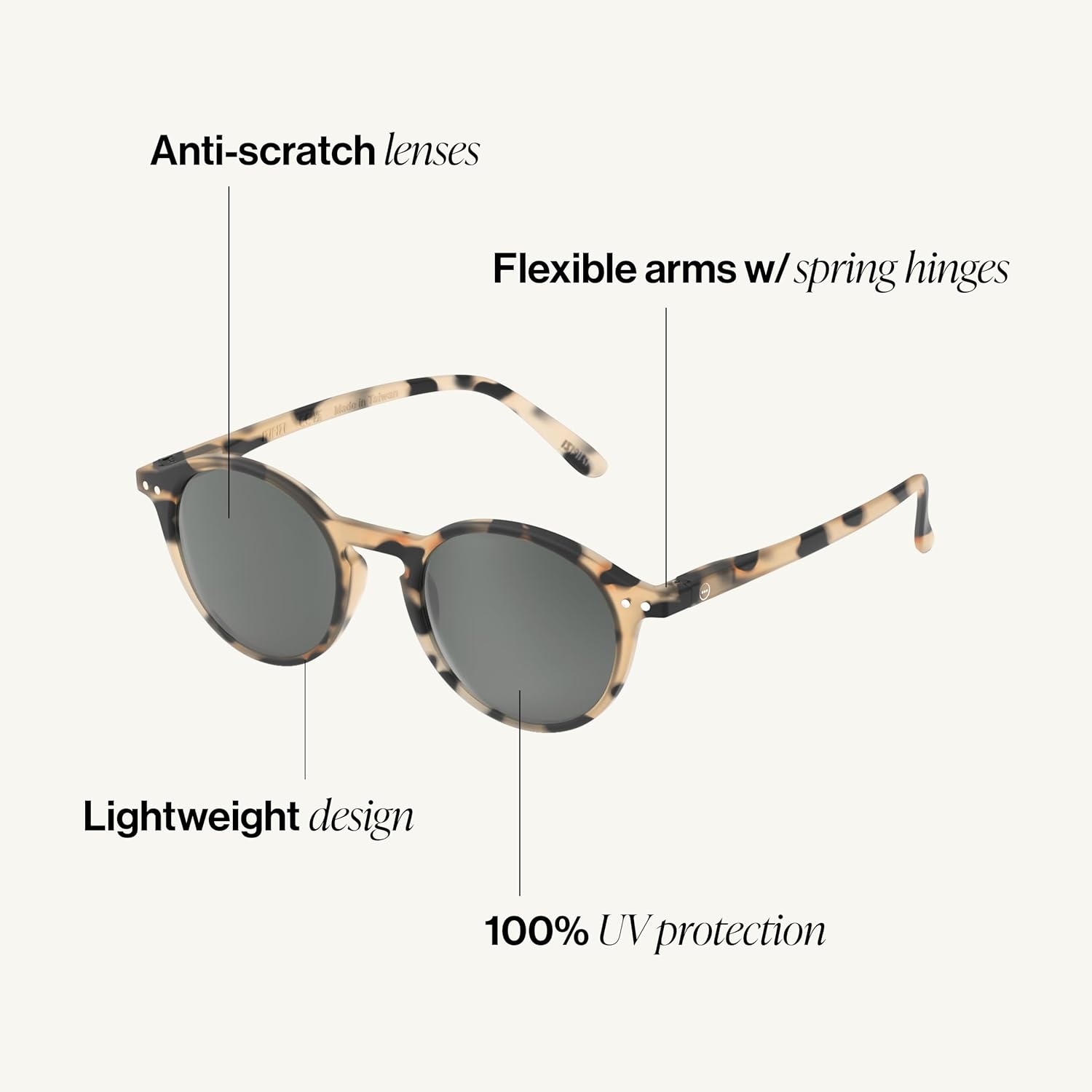 IZIPIZI SUN #D Sunglasses Men & Women Square Biobased Frame, Anti-Scratch Grey Lenses, 100% UV Category 3 Protection w/Pouch (Light Tortoise)