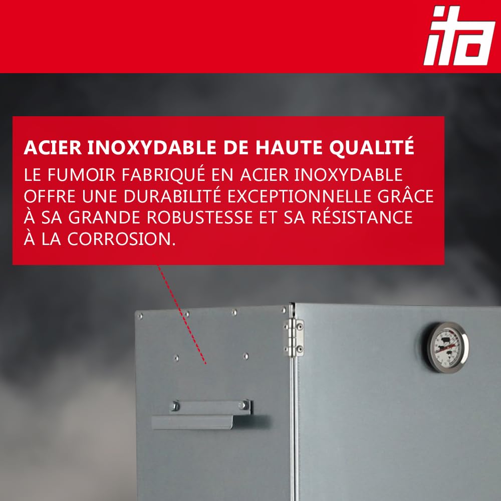 ITA Fumoir 7004 111x29x47 cm - Armoire de fumage premium avec thermomètre et accessoires - Métal galvanisé, Résistant à la corrosion, Durable - Fumoir pour viande, poisson, fromage
