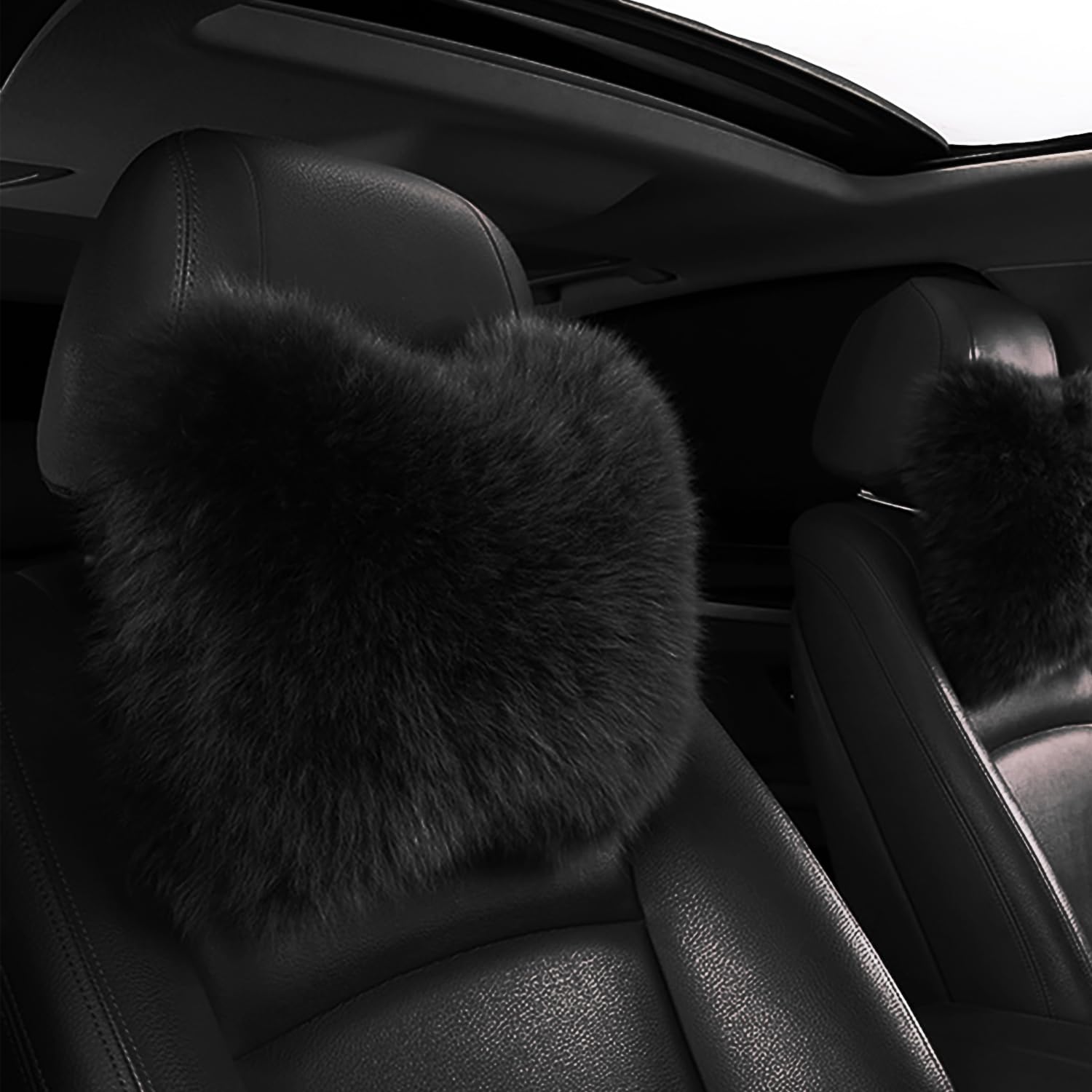 MLOVESIE Fluffy Car Headrest Pillow Furry Long Wool Lumbar Auto Head Neck Support Pillow Cushion Natural Luxury Fur Warm Soft Comfort Winter