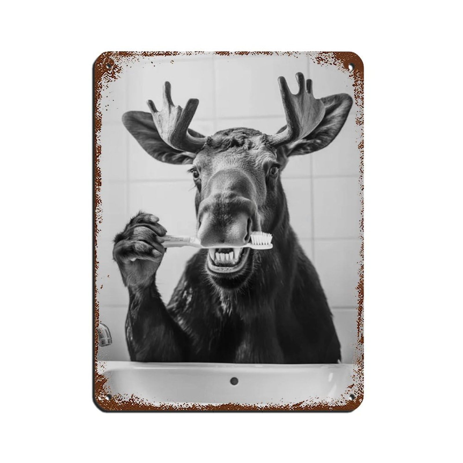 Moose Brushing Teeth, Funny Bathroom Art Tin Sign Vintage Metal Pub Club Cafe Bar Home Wall Art Decoration Poster Retro 12x16inch(30x40cm)