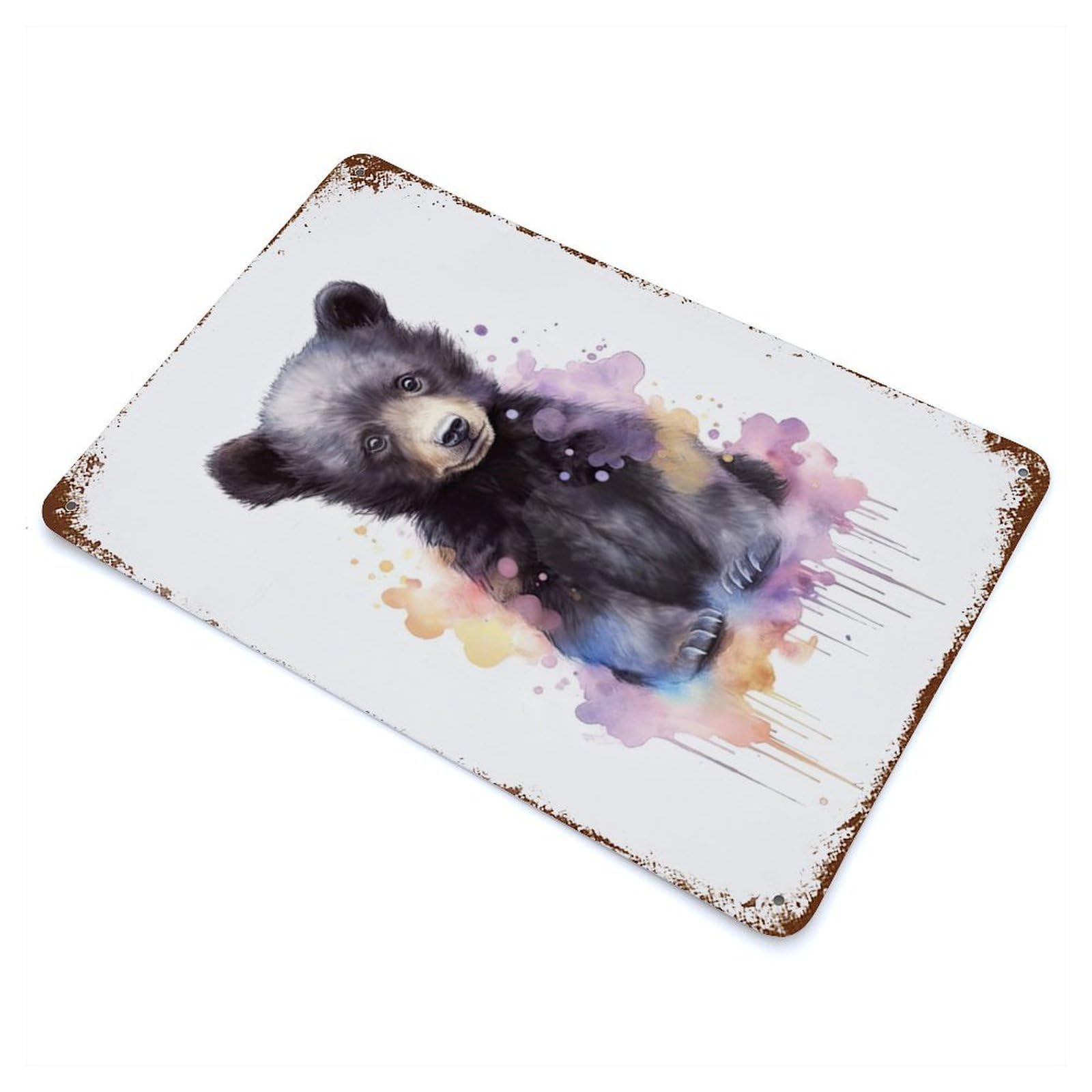 Watercolor Baby Black Bear Rusty Metal Tin Sign 11.8"x7.9", for Basement, Hobby Room And Garage Decor, Retro Wall Decor