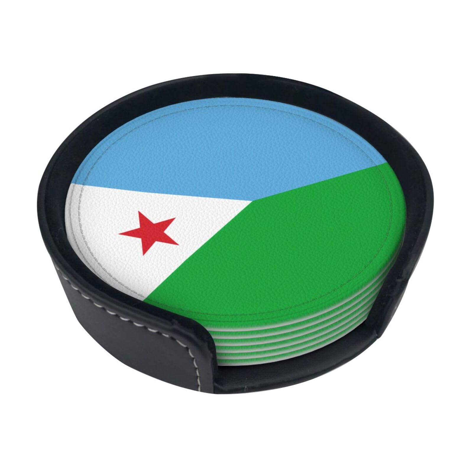 Flag of Djibouti Printed Coaster Set, with Holders, 6 Pieces. Suitable for Dining Tables, Kitchen Decor, and Coffee Tables.