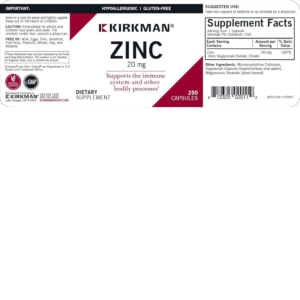 Amazon.com: Kirkman - Zinc 20mg - 250 Capsules - Immune