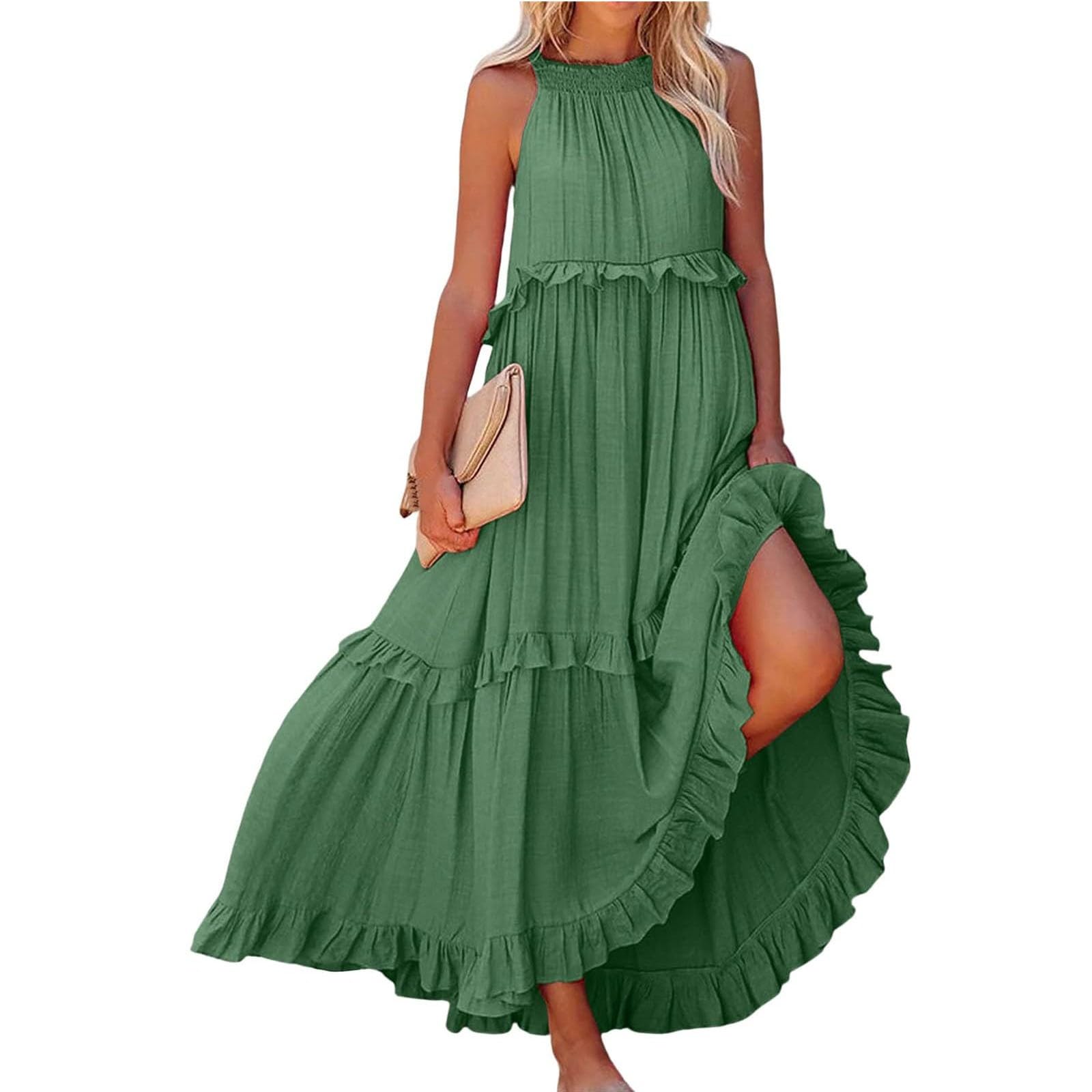 Smocked Dress Women Summer Sleeveless Tank Sundress Halter Tie Back Loose Flowy Ruffle Maxi Dresses with Pockets