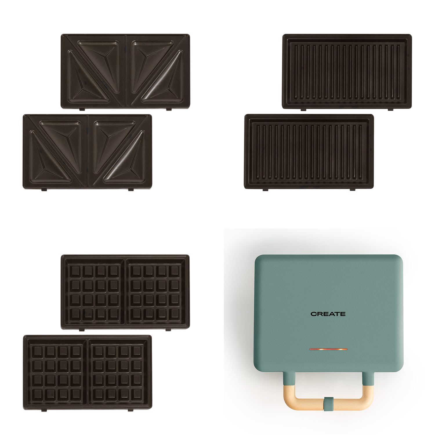 CREATE/​STONE STUDIO/​Sandwichera-​Grill y gofrera doble verde sage / 3 placas intercambiables: Grill, Gofre y Sandwich, antiadherente, apertura 100º, 2 rebanadas, autoapagado, retro, 800W