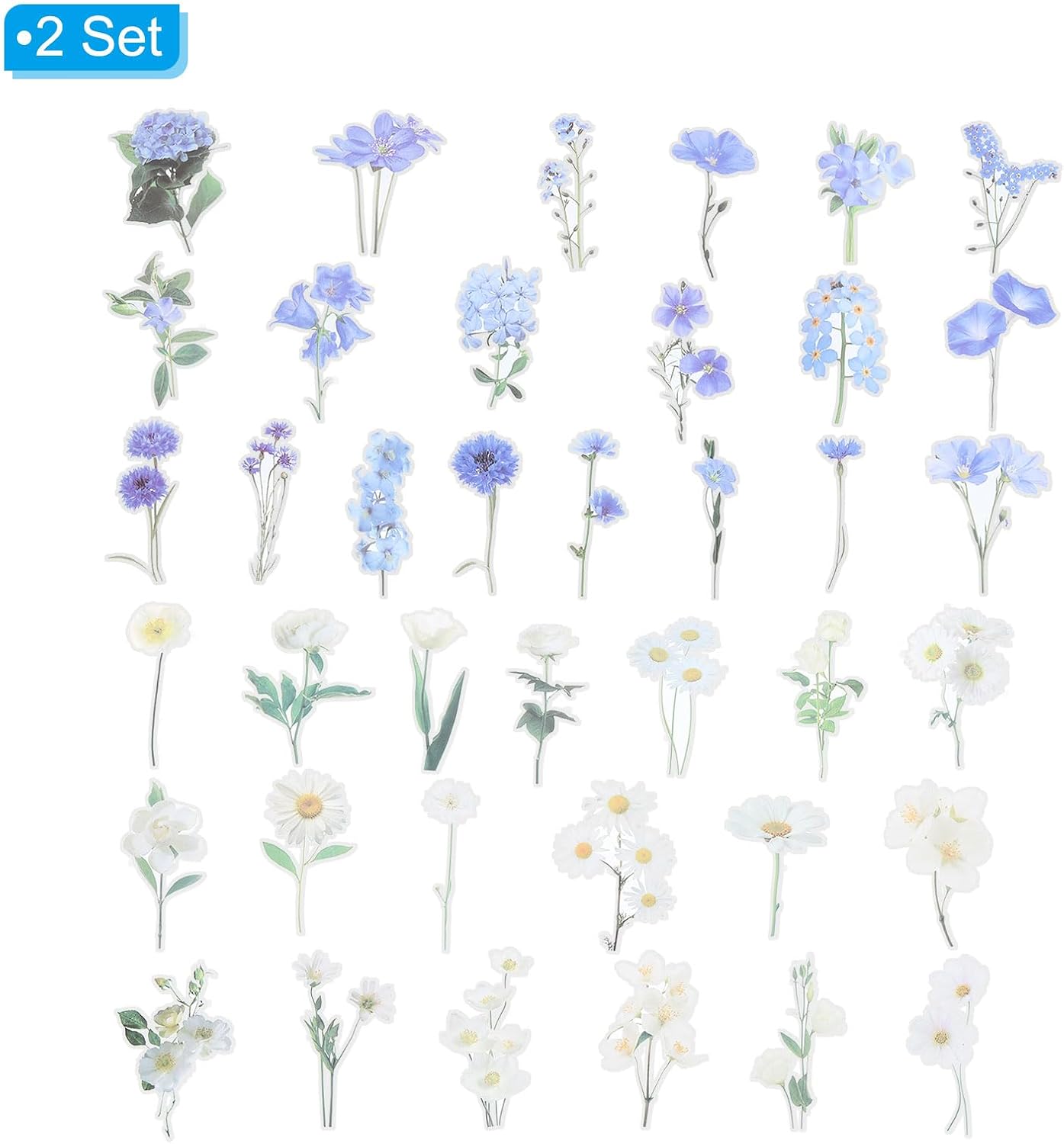 PATIKIL Transparent Flower Vinyl Stickers, 80 Sheet Waterproof PET Flowers Decals Floral Stickers for Scrapbook Journaling Crafts DIY Water Bottles, Blue & Green