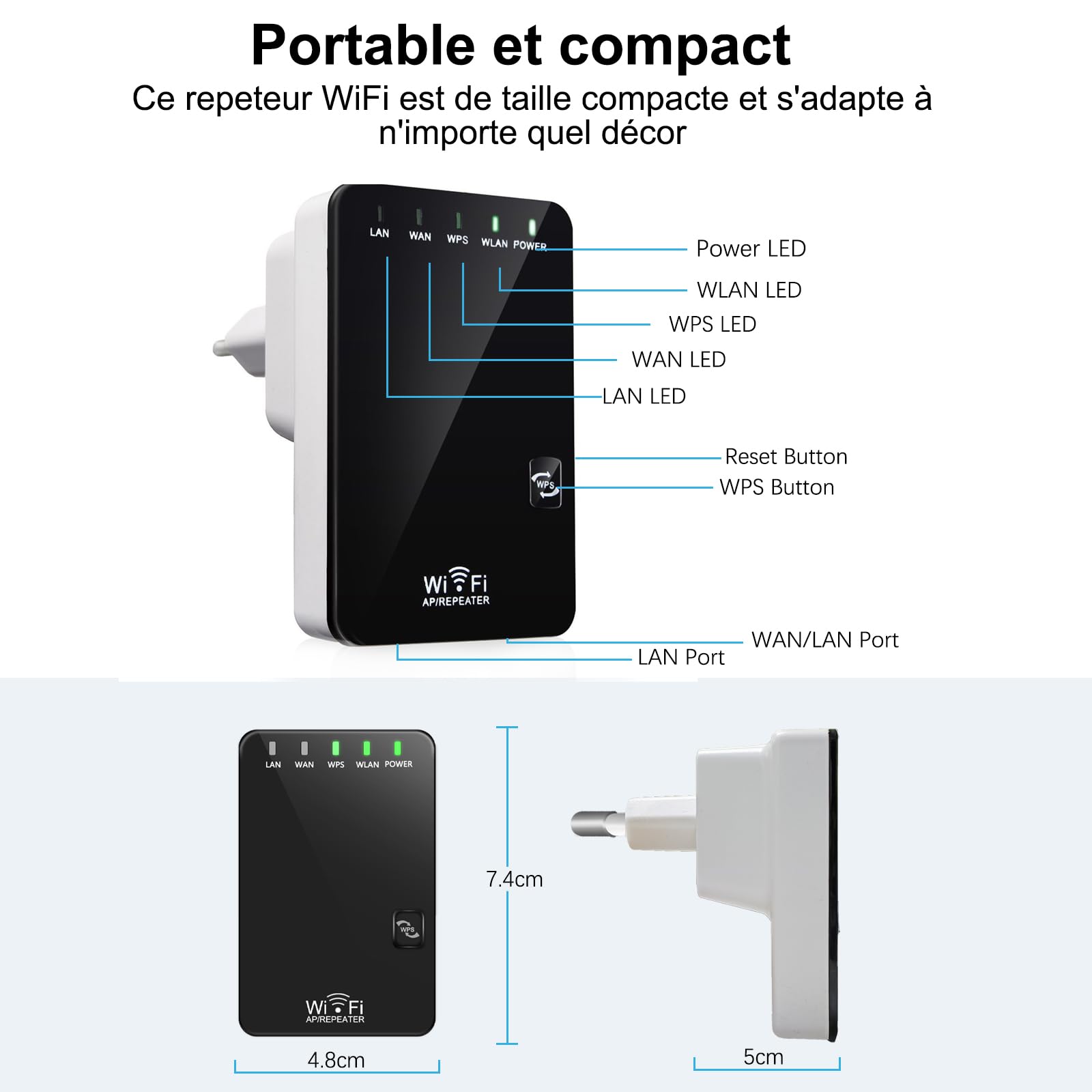Répéteur WiFi Amplificateur WiFi 300Mbps 2.4GHz, Mini WiFi Extender, WiFi Booster,Supprimez Les Zones Mortes, Antennes Interne, 2 Port Ethernet, WPS, Compatible avec Toutes Les Box Internet