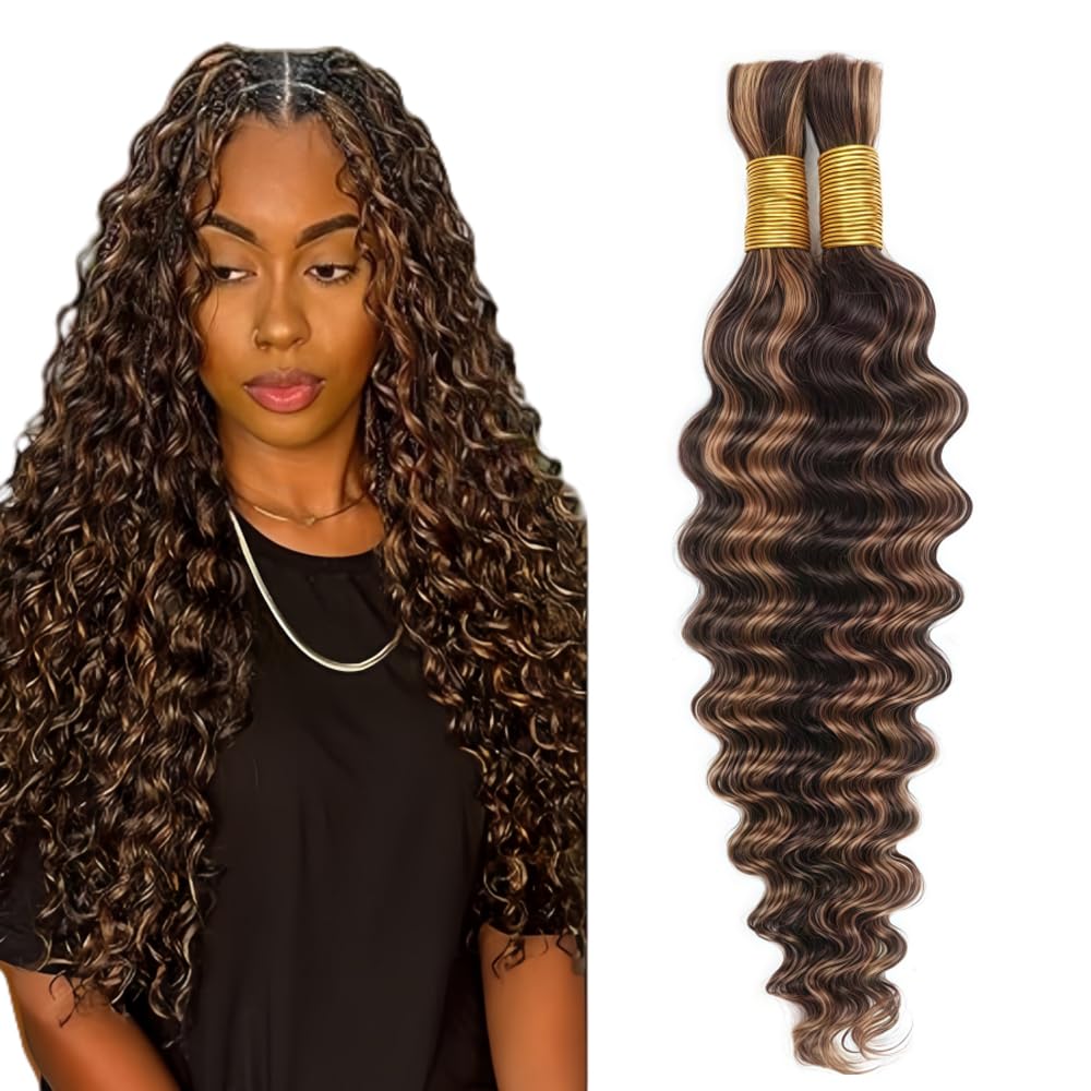 Tuheerst Human Hair Extension For Boho Braids 30 30 Inch P4/30 Highlight Brown Color Deep Wave Natural Unprocessed Human Hair Braiding For Woman 50g/Bundle Total 100g