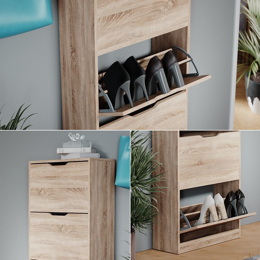 Vicco Meuble à chaussure Luca, Sonoma, 59x137cm avec 4 tiroirs rabattables