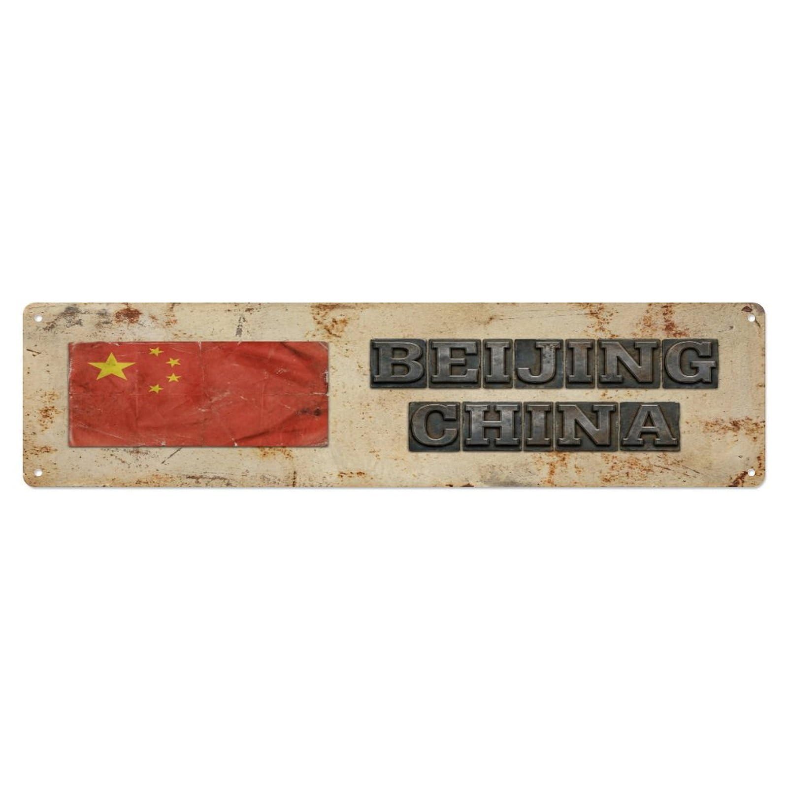 Tgrcjimh Style Metal Tin Sign Vintage Beijing China Flag Decor Rustic Travel