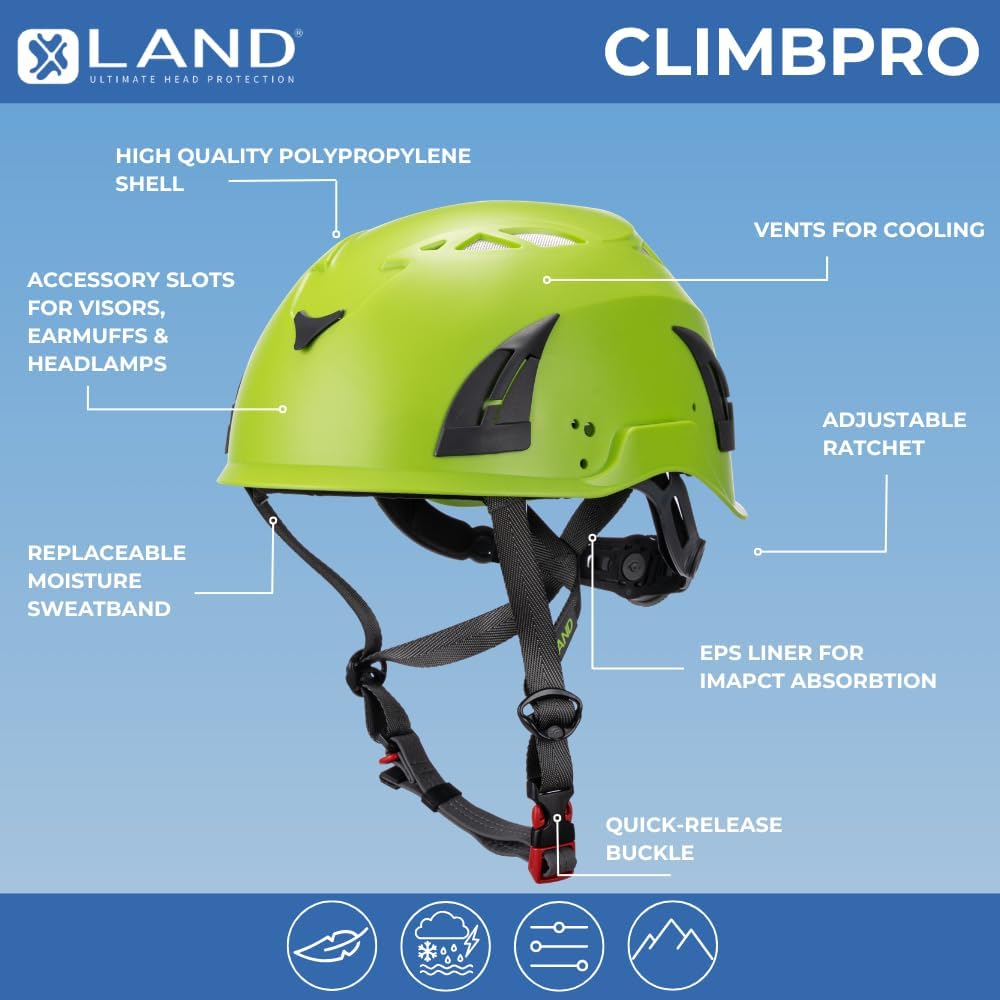 Land Helmets ClimbPro Helmet EN 12492 Vented for Rock Climbing – Durable, Lightweight Shell, Adjustable Chin Strap, Perfect for Outdoor Adventure with Universal Accessory Slots