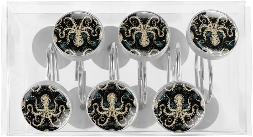 12 Pcs Vintage Octopus Glass Shower Curtain Hooks, Rust Resistant Hooks Rings for Bathroom, Stainless Steel Decorative Shower Rings for Shower Curtains Rods