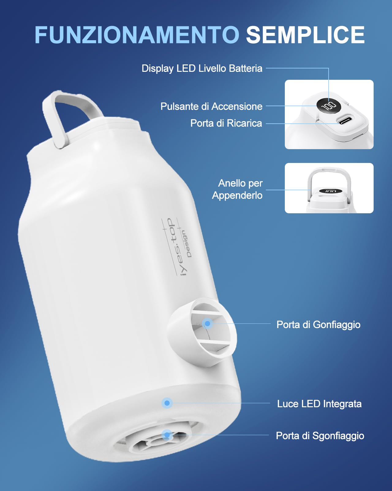 Pompa ad Aria Elettrica con Batteria per Materasso Letto Gonfiabile, Sacchi Sottovuoto, 5 Ugelli & Luce da Campeggio, Gonfiaggio e Sgonfiaggio Rapidi, Pompa Viaggio per Anelli da Nuoto, Galleggianti