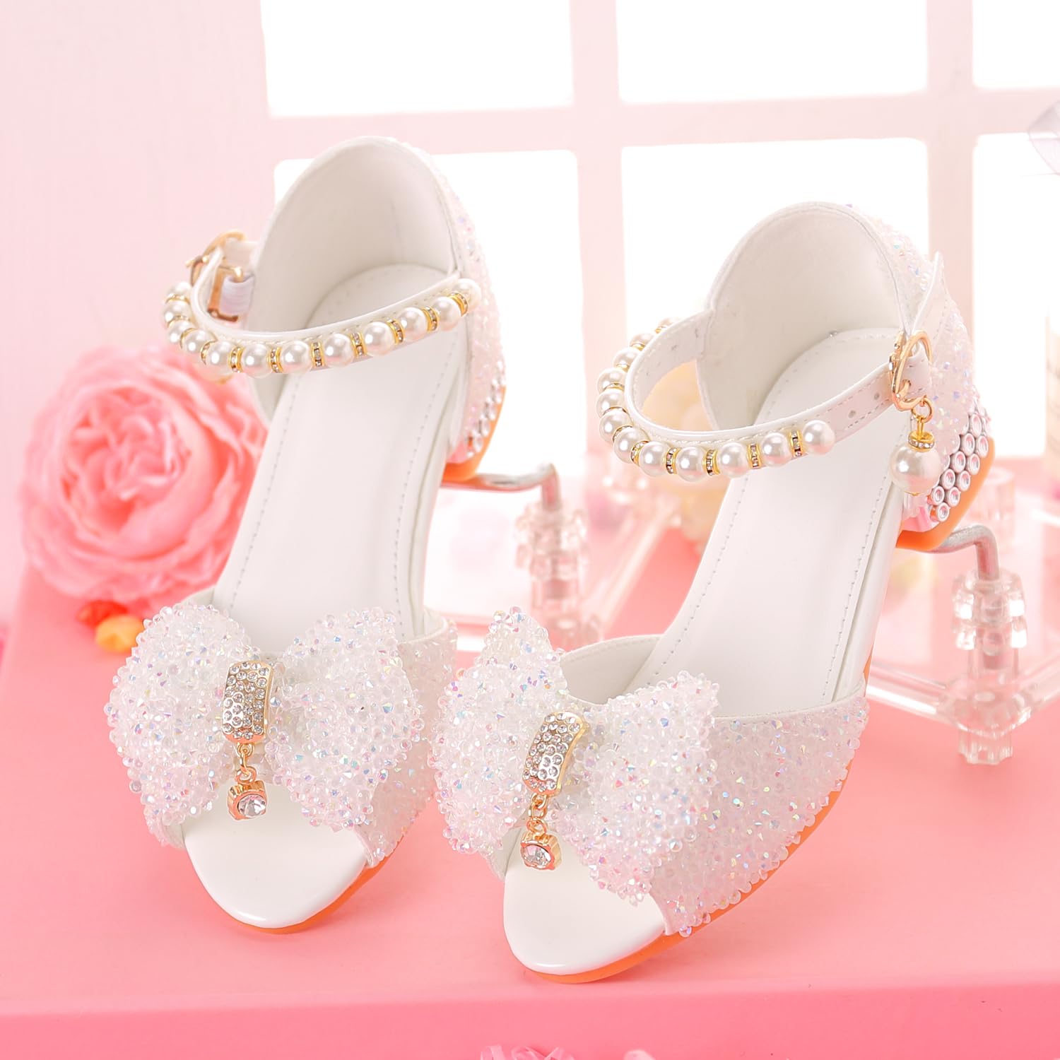 LongitudinalhorseSparkle Princess Sandals for Girls 3-12, Glitter Dress Shoes with Rhinestone Bowknots, Soft Soles Party Shoes for Toddler Kids Christmas Pageant Wedding Party