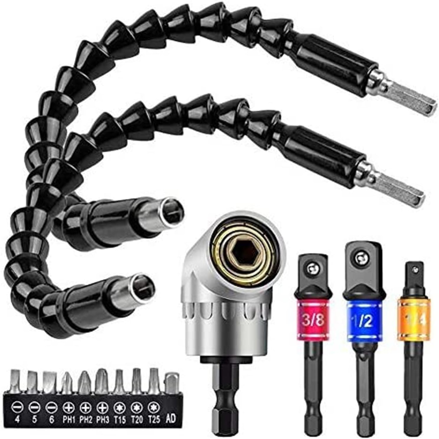 Hex Shank 2pcs Bendable Drill Bit Extension, 3pcs 1/4 3/8 1/2" Universal Socket Adapter,105 Right Angle Drill Extension Set