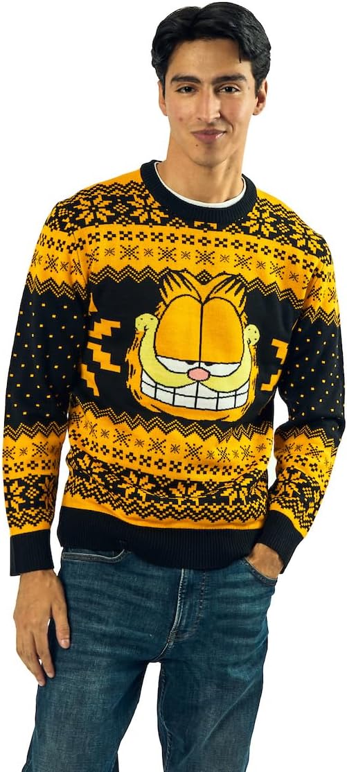 Bioworld Garfield Character Face Long Sleeve Men's Orange & Black Christmas Sweatshirt