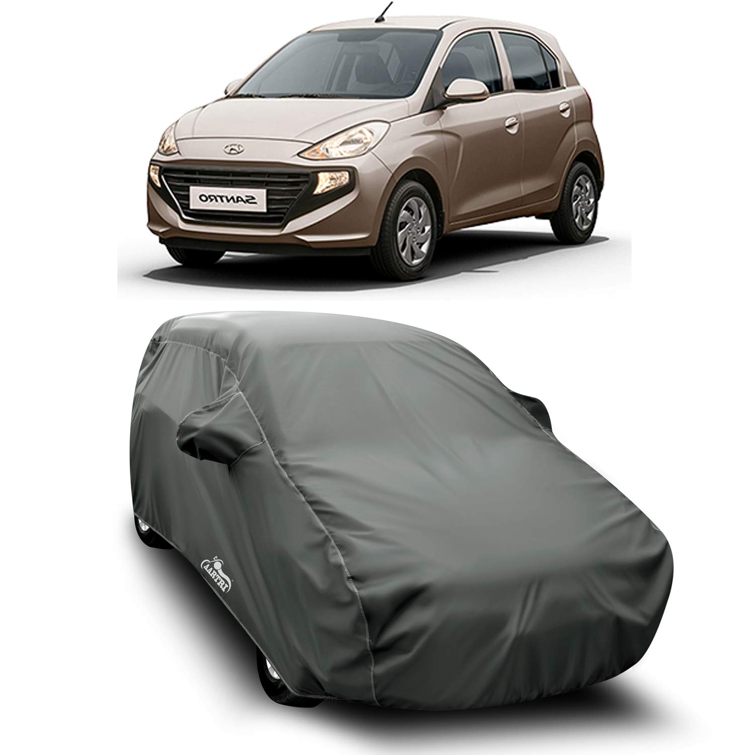 XGuard® 100% Waterproof - Compatible with Hyundai New Santro Car Cover - UV Rays Reflective - Heavy Durable Fabric - Car Body Cover (Dark Grey with Mirror Pockets)