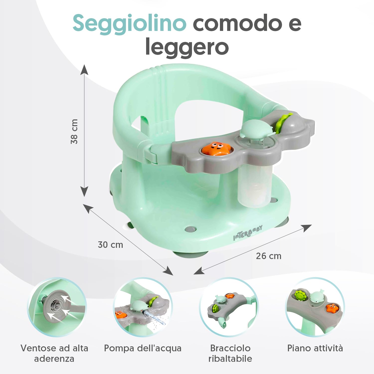 Interbaby Seggiolino da Bagno Bambino Antiscivolo con Ventose | Seggiolino Vasca e Doccia Sicuro ed Ergonomico | Sedia Bagnetto Neonato 6-24 Mesi | Seggiolino Bagno Stabile e Confortevole (Verde)