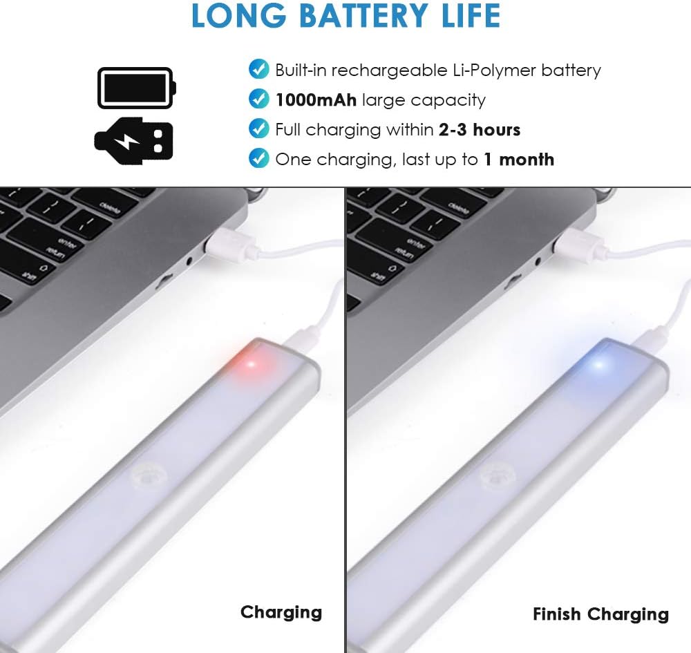 Under Cabinet Lighting, MOICO 3 Color Modes 20 LED Wireless Motion Sensor Closet Lights Rechargeable Magnetic Stick On Lights Bar for Counter, Wardrobe, Kitchen, Hallway, Stairs, 2 Pack