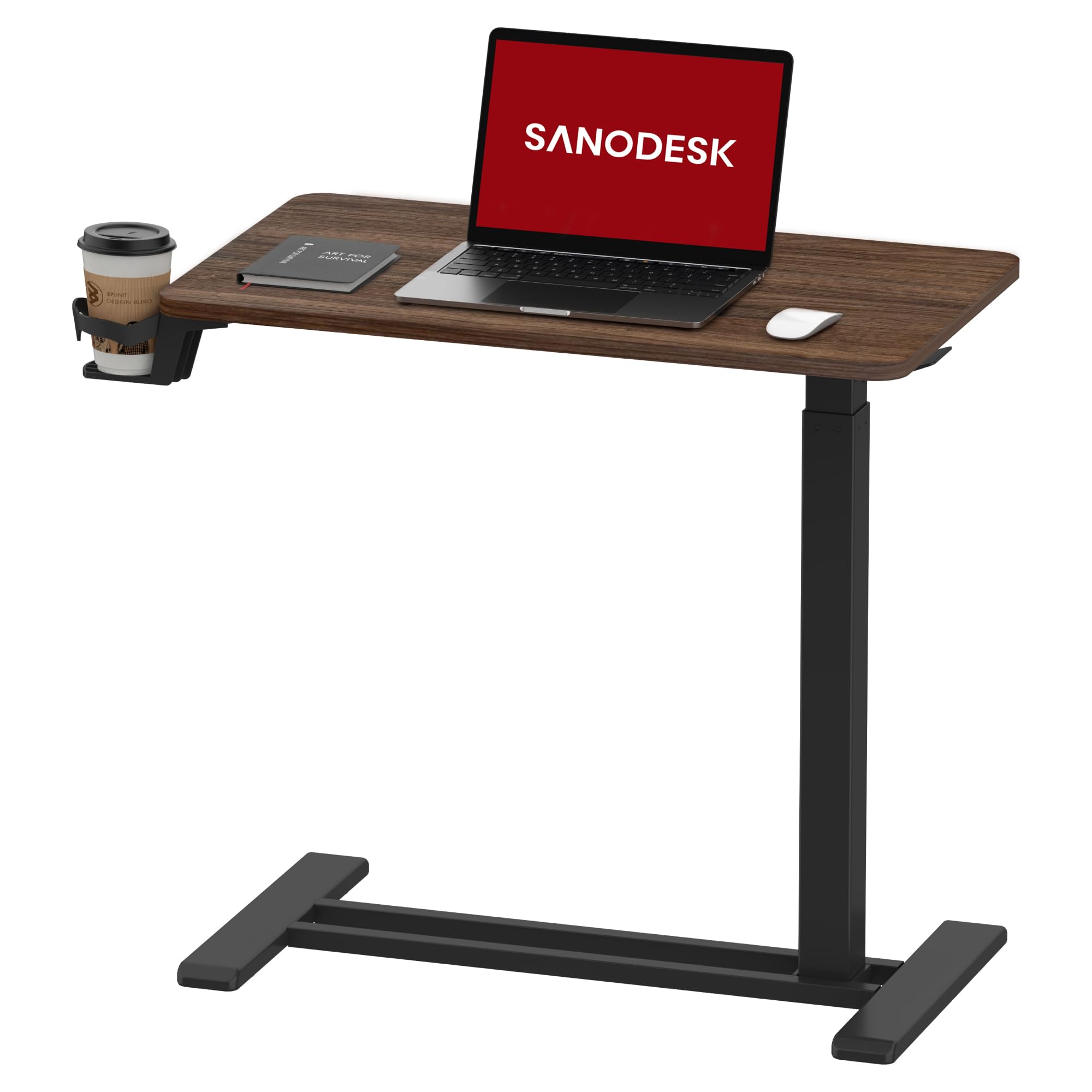 SANODESK Mesa Auxiliar con Ruedas para Ordenador, Altura Ajustable, con Soporte para Bebidas, para Cama y Sofá, Móvil y Multifuncional, Marrón