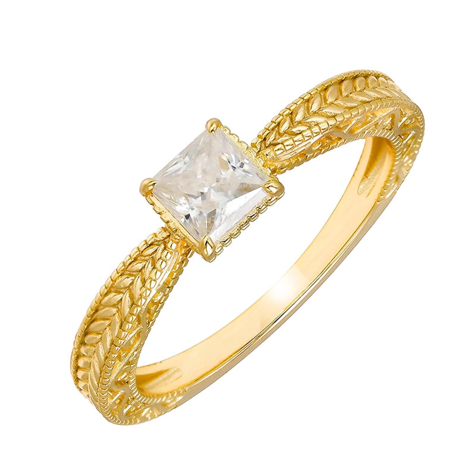 Anillo solitario de oro amarillo de 9 K/14 K/18 K con moissanita de princesa, espiga de trigo solitario